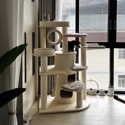 Contemporary Scandinavian Round Plywood Particleboard Paper Rope Velvet Fabric Cat Tree & Condo 3-Condo 5-Perch For Bedroom