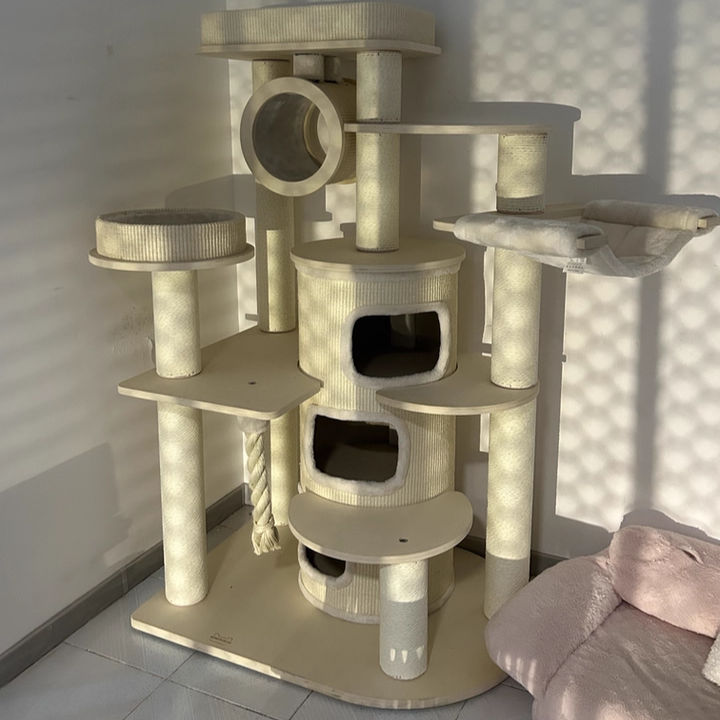 Contemporary Scandinavian Round Plywood Particleboard Paper Rope Velvet Fabric Cat Tree & Condo 3-Condo 5-Perch For Bedroom