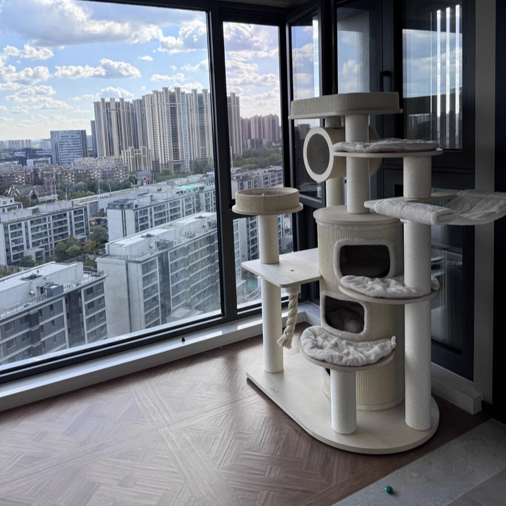 Contemporary Scandinavian Round Plywood Particleboard Paper Rope Velvet Fabric Cat Tree & Condo 3-Condo 5-Perch For Bedroom