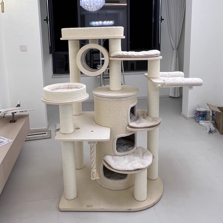 Contemporary Scandinavian Round Plywood Particleboard Paper Rope Velvet Fabric Cat Tree & Condo 3-Condo 5-Perch For Bedroom