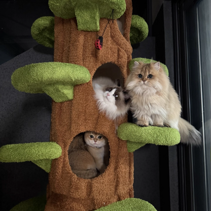 Contemporary Creative Round Particleboard Medium-Density Fiberboard Velvet Fabric Sisal Tree-Shape Cat Tree 6-Condo 12-Perch For Living Room