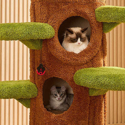 Contemporary Creative Round Particleboard Medium-Density Fiberboard Velvet Fabric Sisal Tree-Shape Cat Tree 6-Condo 12-Perch For Living Room