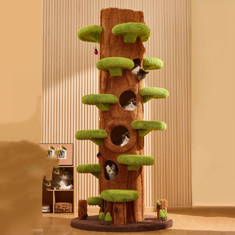 Contemporary Creative Round Particleboard Medium-Density Fiberboard Velvet Fabric Sisal Tree-Shape Cat Tree 6-Condo 12-Perch For Living Room