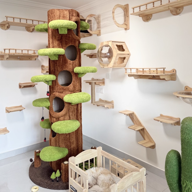 Contemporary Creative Round Particleboard Medium-Density Fiberboard Velvet Fabric Sisal Tree-Shape Cat Tree 6-Condo 12-Perch For Living Room