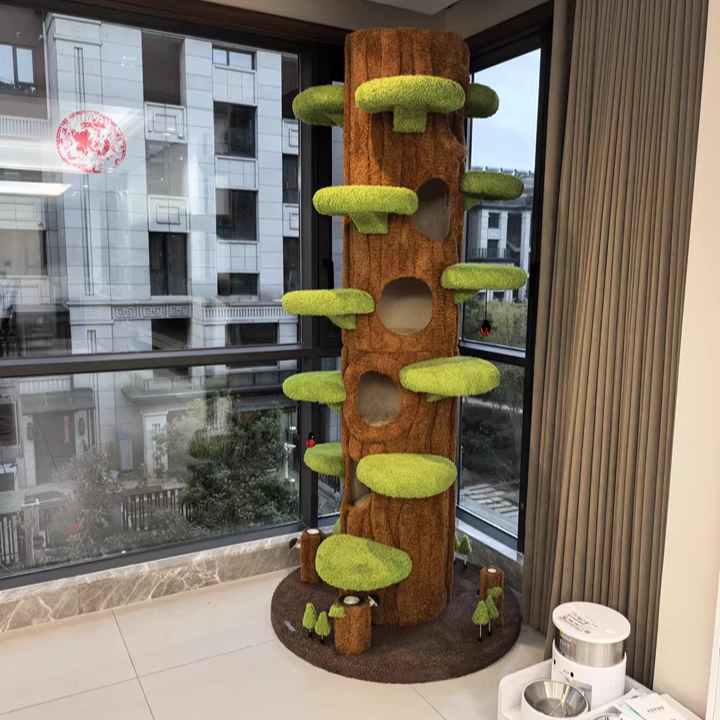 Contemporary Creative Round Particleboard Medium-Density Fiberboard Velvet Fabric Sisal Tree-Shape Cat Tree 6-Condo 12-Perch For Living Room