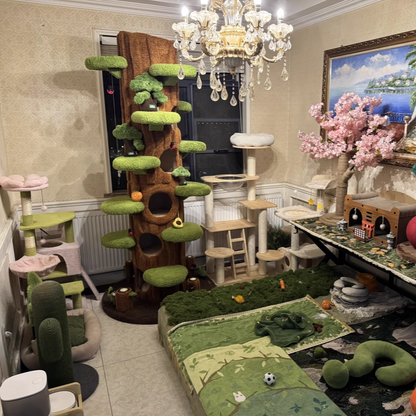 Contemporary Creative Round Particleboard Medium-Density Fiberboard Velvet Fabric Sisal Tree-Shape Cat Tree 6-Condo 12-Perch For Living Room