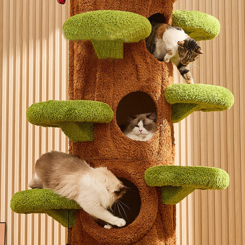 Contemporary Creative Round Particleboard Medium-Density Fiberboard Velvet Fabric Sisal Tree-Shape Cat Tree 6-Condo 12-Perch For Living Room