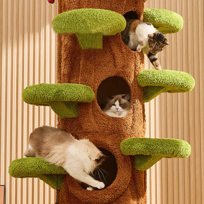 Contemporary Creative Round Particleboard Medium-Density Fiberboard Velvet Fabric Sisal Tree-Shape Cat Tree 6-Condo 12-Perch For Living Room