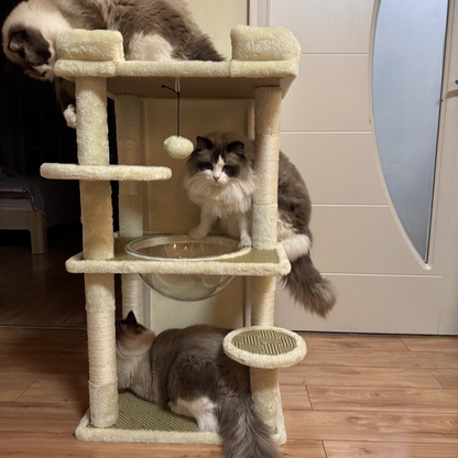 Contemporary Scandinavian Rectangular Particleboard Velvet Fabric Sisal Cat Tree 3-Perch For Bedroom