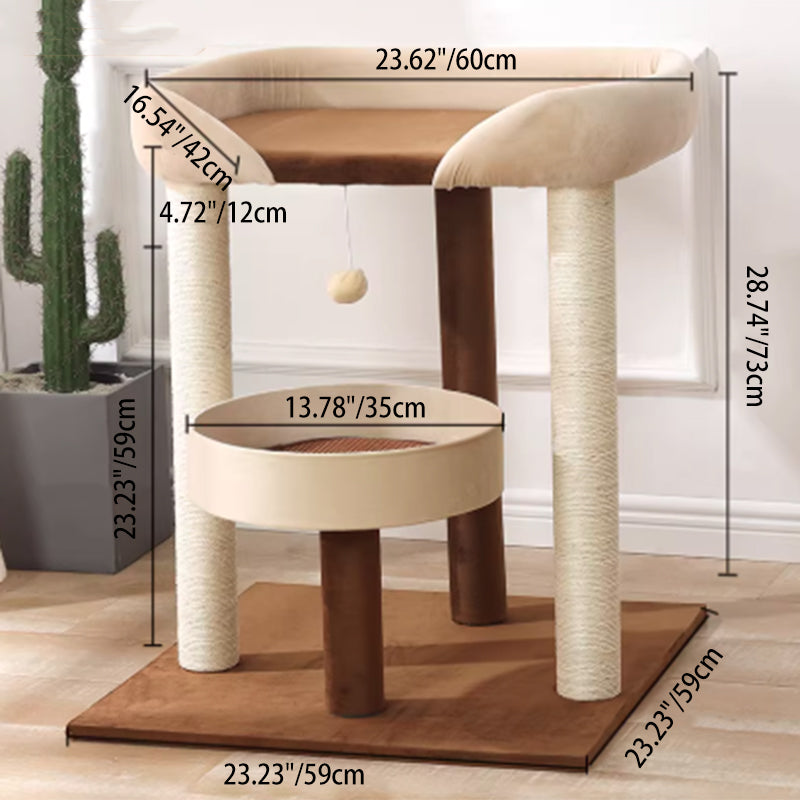 Contemporary Scandinavian Rectangular Particleboard Kraft Paper Tube Velvet Fabric Sisal Cat Tree 1-Condo 2/3-Perch For Bedroom