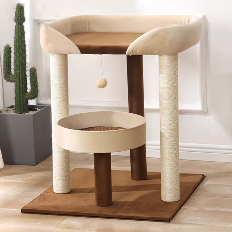 Contemporary Scandinavian Rectangular Particleboard Kraft Paper Tube Velvet Fabric Sisal Cat Tree 1-Condo 2/3-Perch For Bedroom
