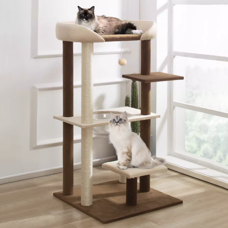 Contemporary Scandinavian Rectangular Particleboard Kraft Paper Tube Velvet Fabric Sisal Cat Tree 1-Condo 2/3-Perch For Bedroom