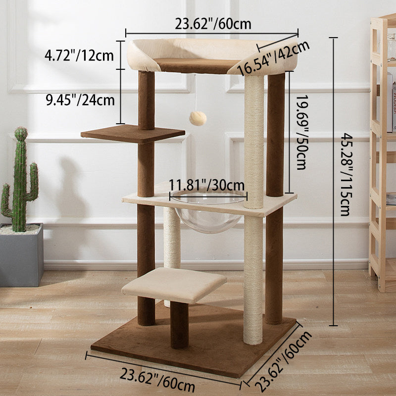 Contemporary Scandinavian Rectangular Particleboard Kraft Paper Tube Velvet Fabric Sisal Cat Tree 1-Condo 2/3-Perch For Bedroom