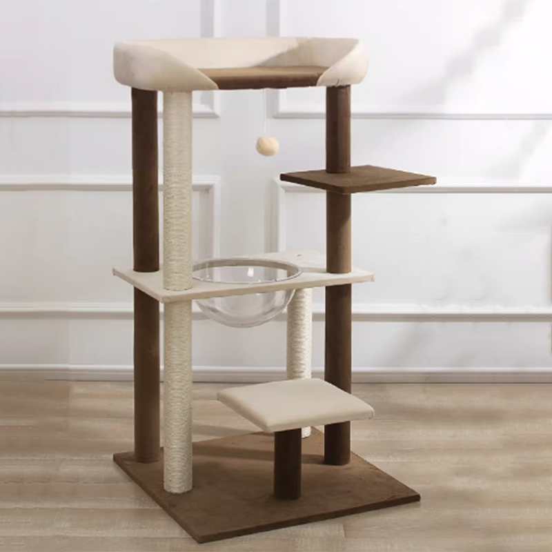 Contemporary Scandinavian Rectangular Particleboard Kraft Paper Tube Velvet Fabric Sisal Cat Tree 1-Condo 2/3-Perch For Bedroom