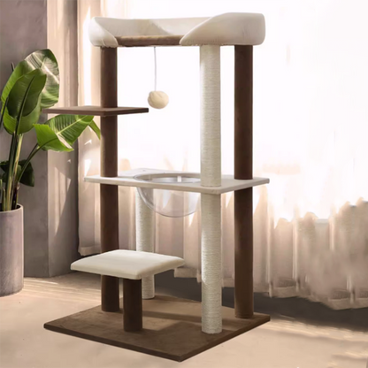 Contemporary Scandinavian Rectangular Particleboard Kraft Paper Tube Velvet Fabric Sisal Cat Tree 1-Condo 2/3-Perch For Bedroom