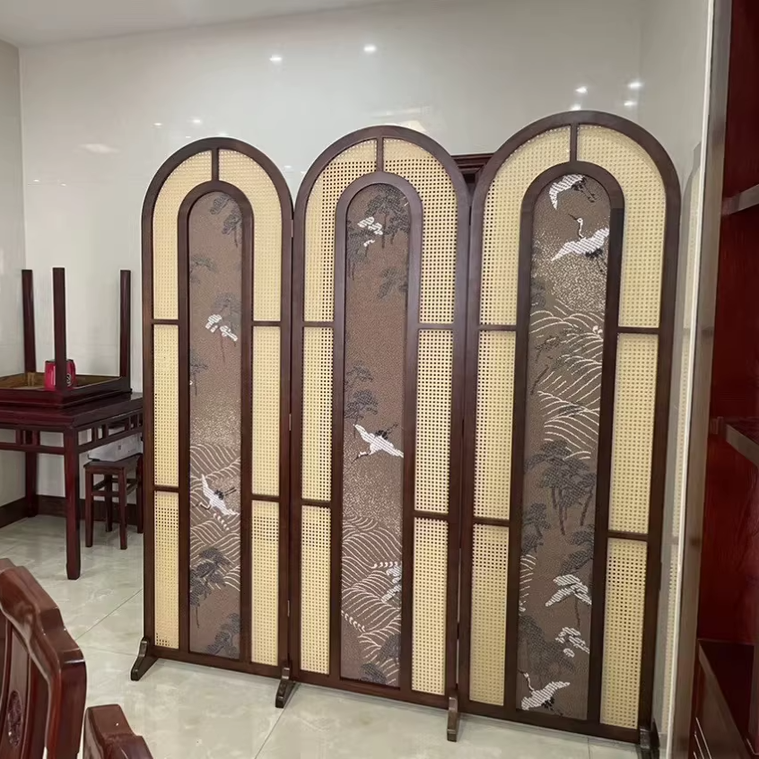 Traditional Vintage Rectangular Pine Wood PVC Rattan Crane Carved Foldable Room Divider 3-Panel For Living Room