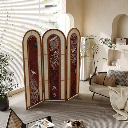 Traditional Vintage Rectangular Pine Wood PVC Rattan Crane Carved Foldable Room Divider 3-Panel For Living Room