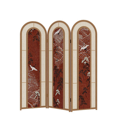 Traditional Vintage Rectangular Pine Wood PVC Rattan Crane Carved Foldable Room Divider 3-Panel For Living Room