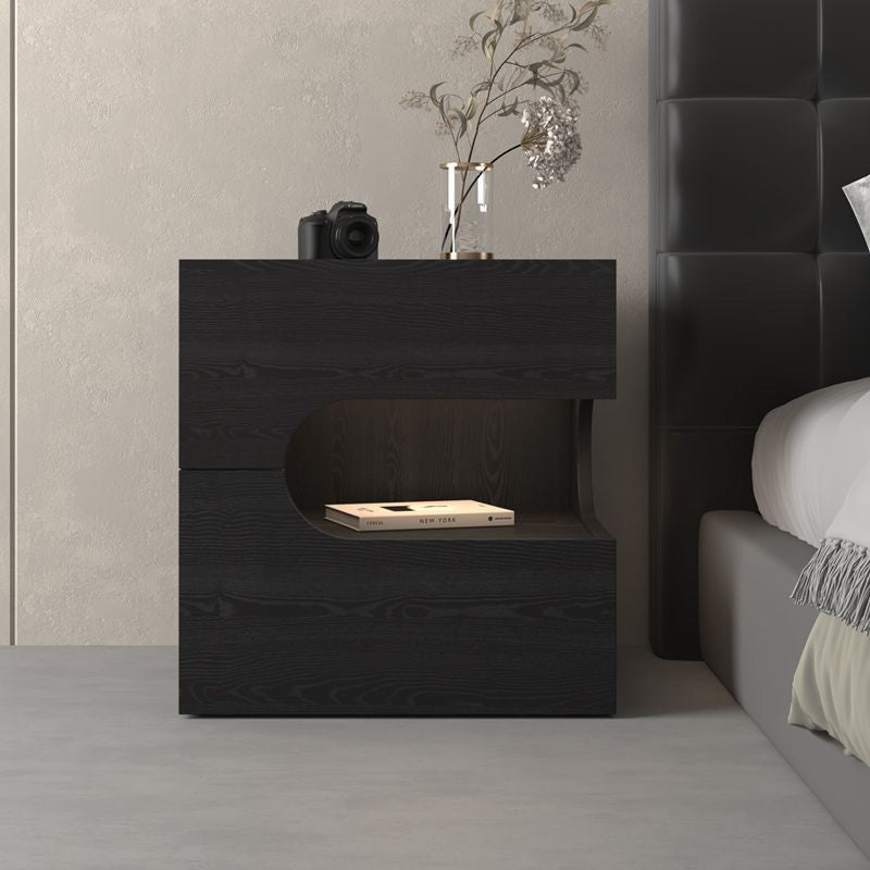 Modern Minimalist Square Plywood Nightstand 2-Drawer For Bedroom