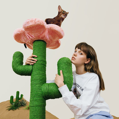 Contemporary Creative Round PVC Plastic Velvet Fabric Hemp Rope Cactus Cat Scratching Post 1-Condo 1-Perch For Bedroom