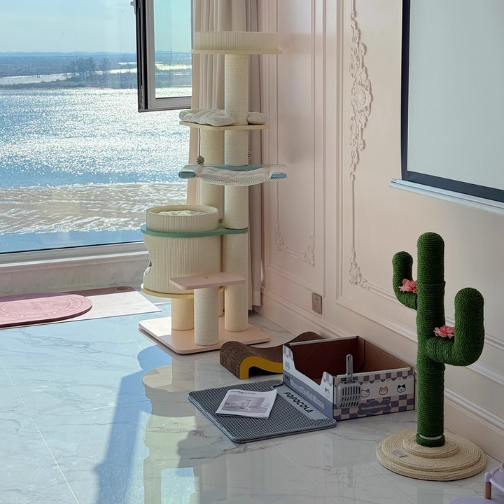 Contemporary Creative Round PVC Plastic Velvet Fabric Hemp Rope Cactus Cat Scratching Post 1-Condo 1-Perch For Bedroom
