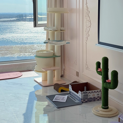 Contemporary Creative Round PVC Plastic Velvet Fabric Hemp Rope Cactus Cat Scratching Post 1-Condo 1-Perch For Bedroom