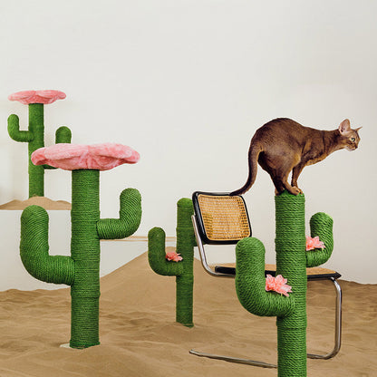 Contemporary Creative Round PVC Plastic Velvet Fabric Hemp Rope Cactus Cat Scratching Post 1-Condo 1-Perch For Bedroom