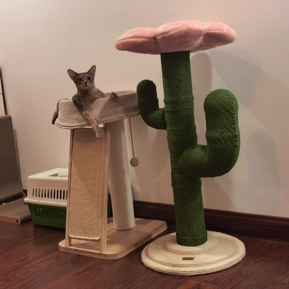 Contemporary Creative Round PVC Plastic Velvet Fabric Hemp Rope Cactus Cat Scratching Post 1-Condo 1-Perch For Bedroom