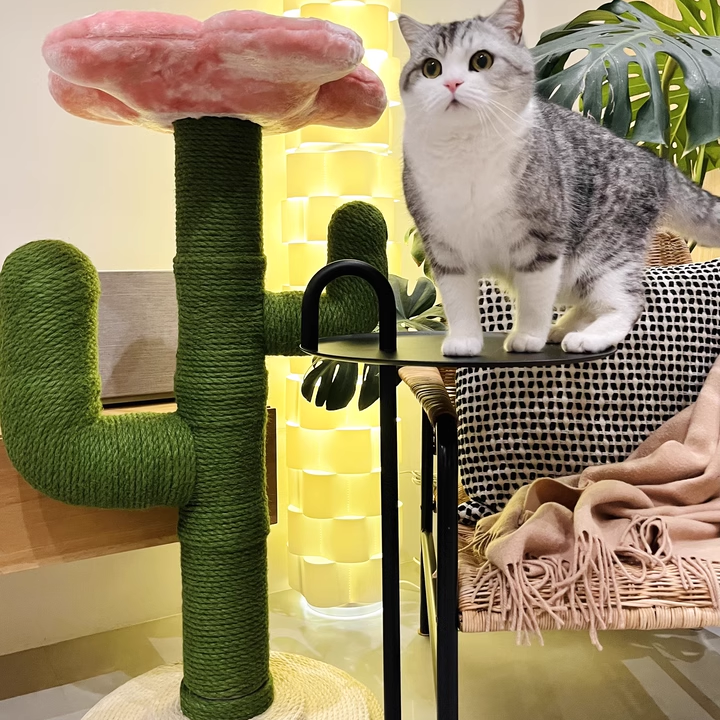 Contemporary Creative Round PVC Plastic Velvet Fabric Hemp Rope Cactus Cat Scratching Post 1-Condo 1-Perch For Bedroom