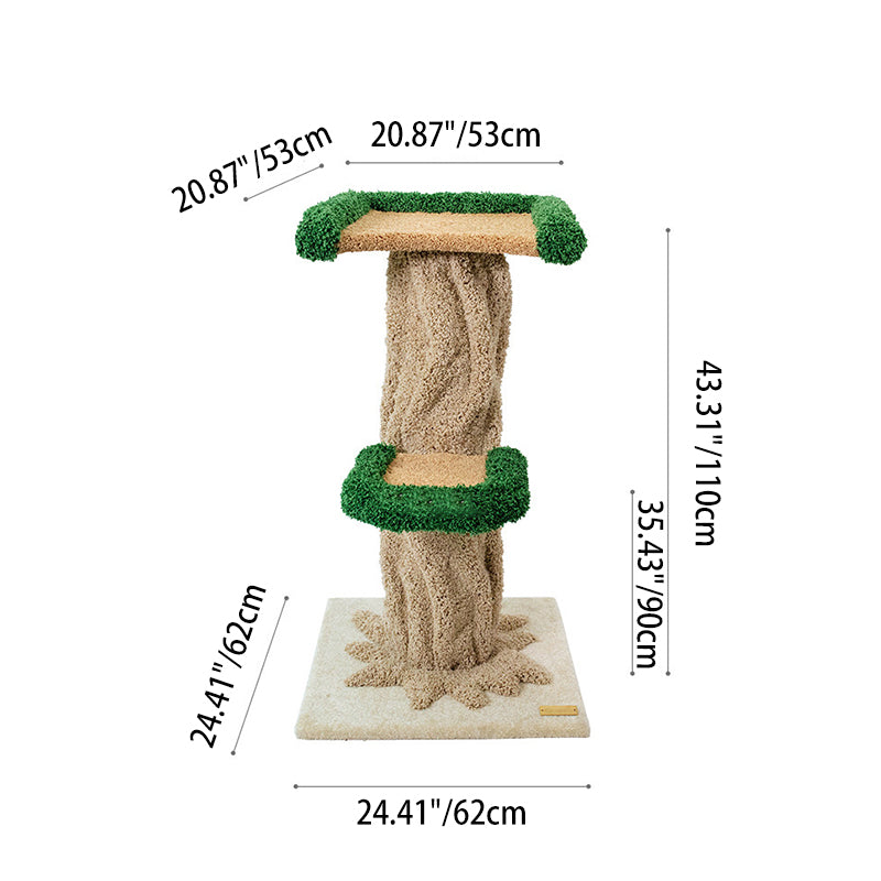Contemporary Creative Round Eucalyptus Wood Panel Velvet Fabric Tree-Shaped Cat Tree 2/7-Perch For Bedroom