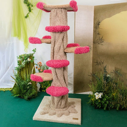 Contemporary Creative Round Eucalyptus Wood Panel Velvet Fabric Tree-Shaped Cat Tree 2/7-Perch For Bedroom