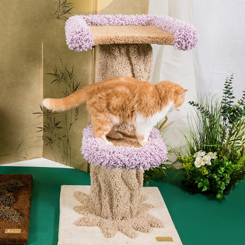 Contemporary Creative Round Eucalyptus Wood Panel Velvet Fabric Tree-Shaped Cat Tree 2/7-Perch For Bedroom