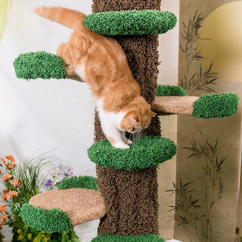 Contemporary Creative Round Eucalyptus Wood Panel Velvet Fabric Tree-Shaped Cat Tree 2/7-Perch For Bedroom