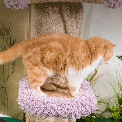 Contemporary Creative Round Eucalyptus Wood Panel Velvet Fabric Tree-Shaped Cat Tree 2/7-Perch For Bedroom