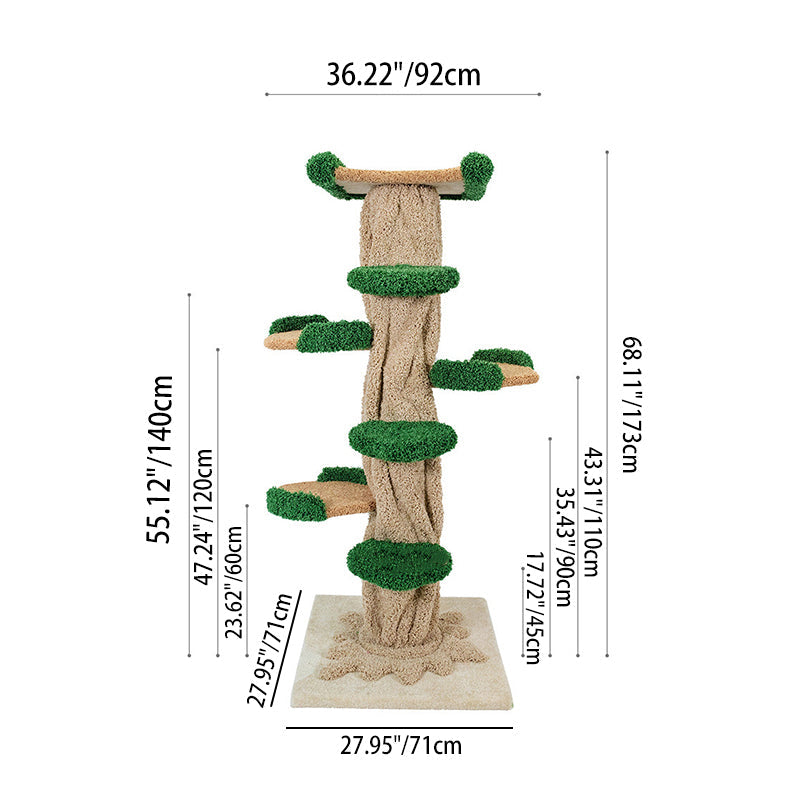 Contemporary Creative Round Eucalyptus Wood Panel Velvet Fabric Tree-Shaped Cat Tree 2/7-Perch For Bedroom