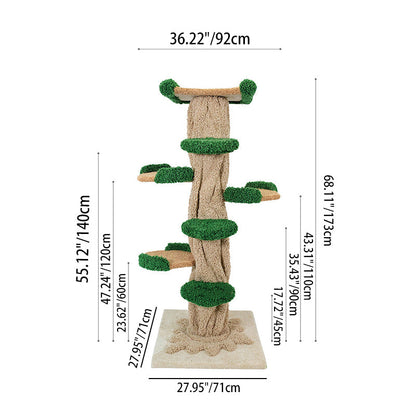 Contemporary Creative Round Eucalyptus Wood Panel Velvet Fabric Tree-Shaped Cat Tree 2/7-Perch For Bedroom