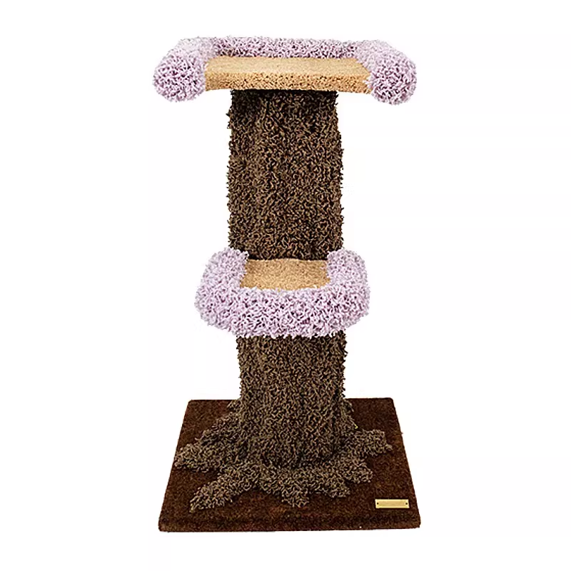 Contemporary Creative Round Eucalyptus Wood Panel Velvet Fabric Tree-Shaped Cat Tree 2/7-Perch For Bedroom