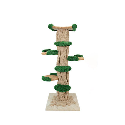 Contemporary Creative Round Eucalyptus Wood Panel Velvet Fabric Tree-Shaped Cat Tree 2/7-Perch For Bedroom