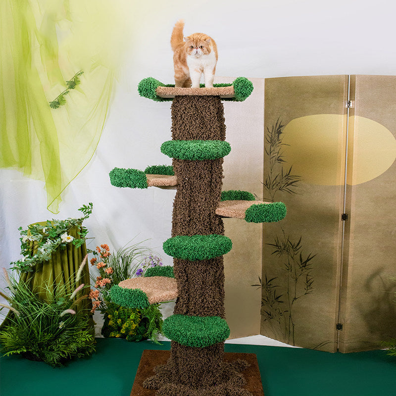 Contemporary Creative Round Eucalyptus Wood Panel Velvet Fabric Tree-Shaped Cat Tree 2/7-Perch For Bedroom
