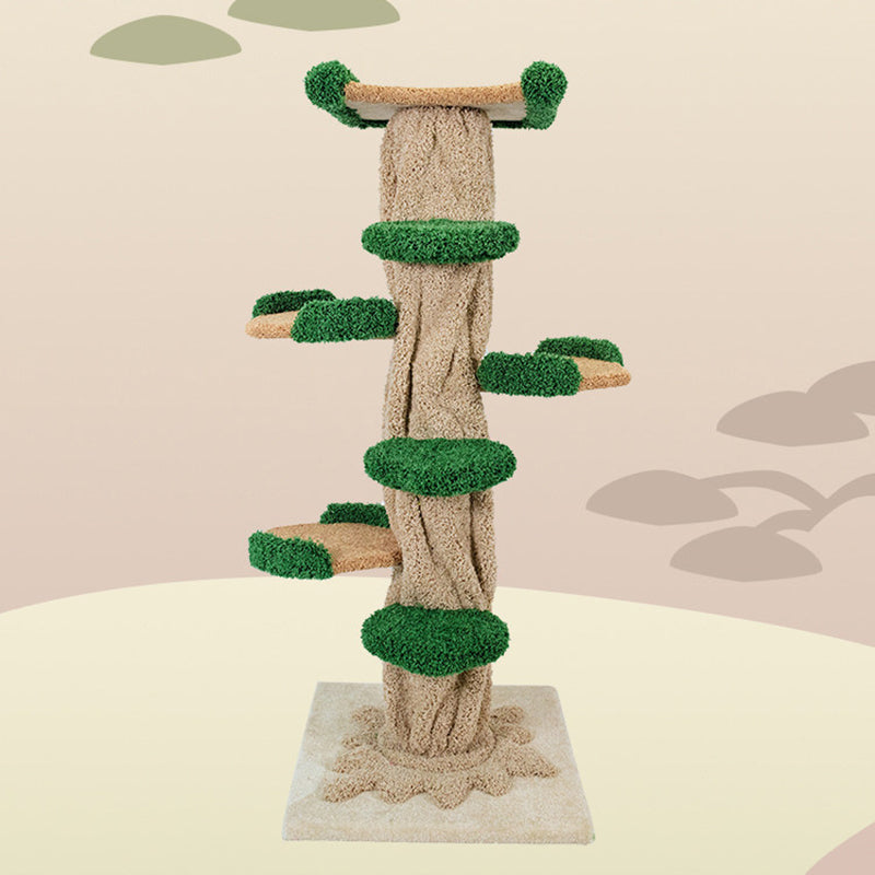 Contemporary Creative Round Eucalyptus Wood Panel Velvet Fabric Tree-Shaped Cat Tree 2/7-Perch For Bedroom
