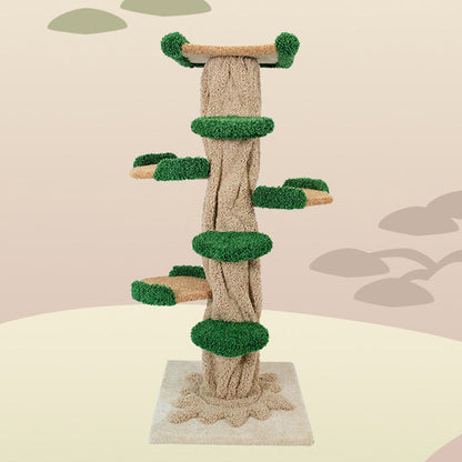 Contemporary Creative Round Eucalyptus Wood Panel Velvet Fabric Tree-Shaped Cat Tree 2/7-Perch For Bedroom