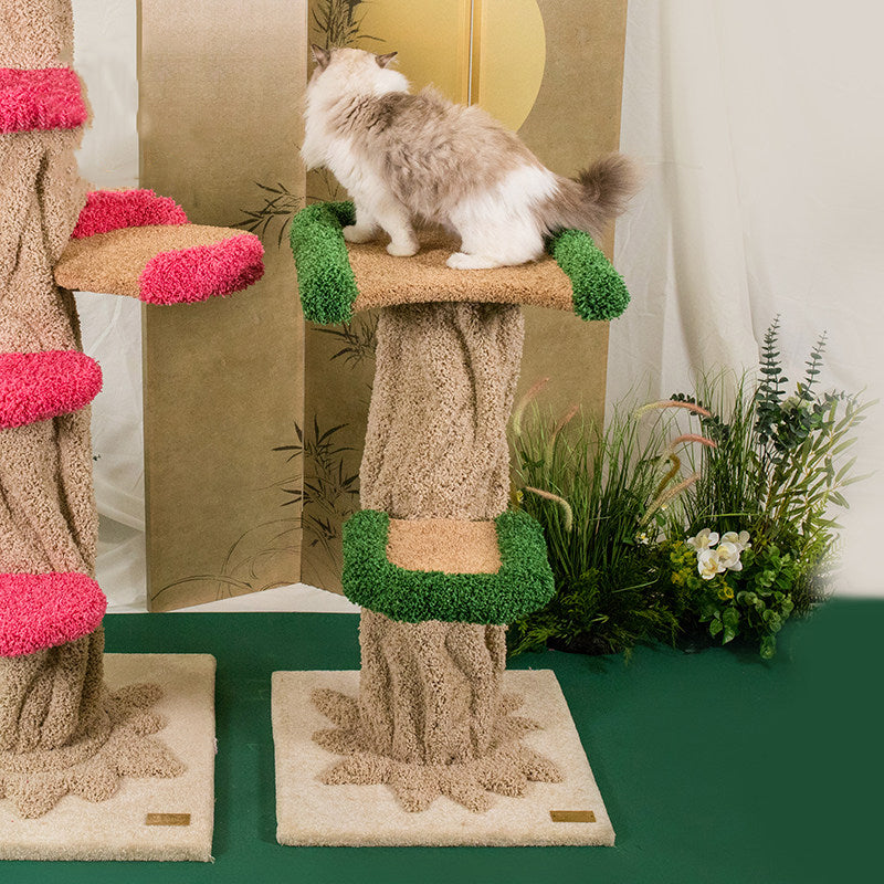 Contemporary Creative Round Eucalyptus Wood Panel Velvet Fabric Tree-Shaped Cat Tree 2/7-Perch For Bedroom