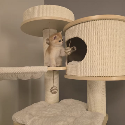 Contemporary Scandinavian Round Plywood Medium-Density Fiberboard Corduroy Paper Rope Cat Tree 2/3-Condo 2/3-Perch For Bedroom