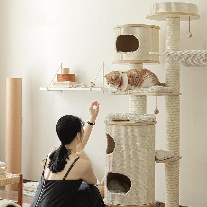 Contemporary Scandinavian Round Plywood Medium-Density Fiberboard Corduroy Paper Rope Cat Tree 2/3-Condo 2/3-Perch For Bedroom