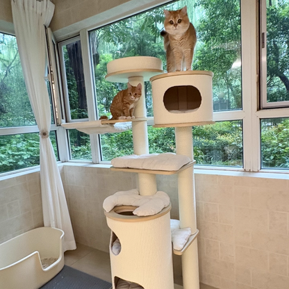 Contemporary Scandinavian Round Plywood Medium-Density Fiberboard Corduroy Paper Rope Cat Tree 2/3-Condo 2/3-Perch For Bedroom