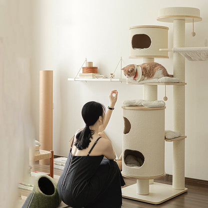 Contemporary Scandinavian Round Plywood Medium-Density Fiberboard Corduroy Paper Rope Cat Tree 2/3-Condo 2/3-Perch For Bedroom