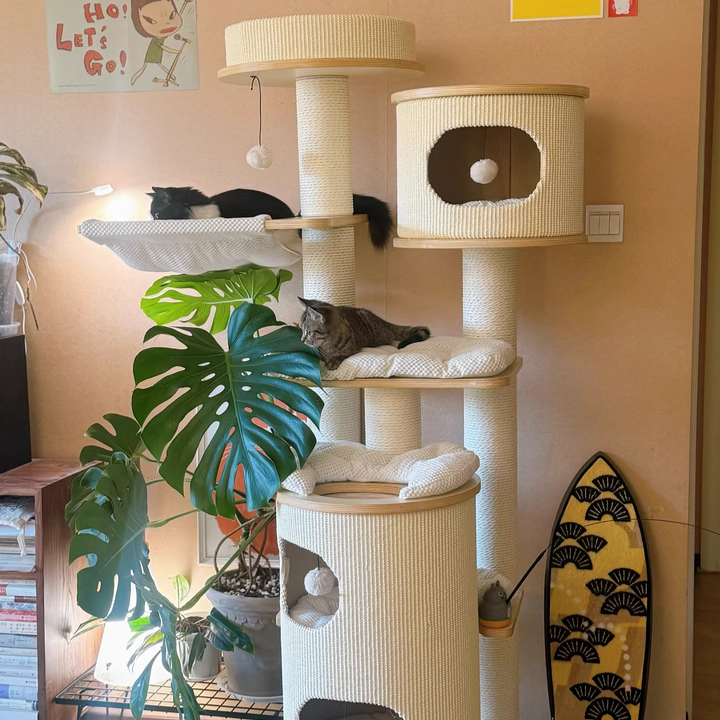 Contemporary Scandinavian Round Plywood Medium-Density Fiberboard Corduroy Paper Rope Cat Tree 2/3-Condo 2/3-Perch For Bedroom