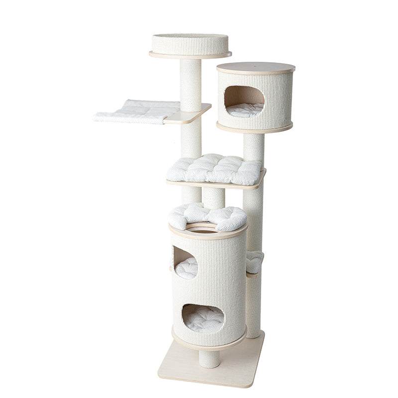 Contemporary Scandinavian Round Plywood Medium-Density Fiberboard Corduroy Paper Rope Cat Tree 2/3-Condo 2/3-Perch For Bedroom