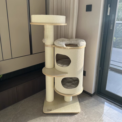Contemporary Scandinavian Round Plywood Medium-Density Fiberboard Corduroy Paper Rope Cat Tree 2/3-Condo 2/3-Perch For Bedroom