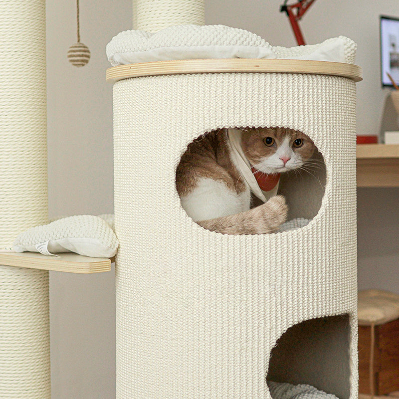 Contemporary Scandinavian Round Plywood Medium-Density Fiberboard Corduroy Paper Rope Cat Tree 2/3-Condo 2/3-Perch For Bedroom